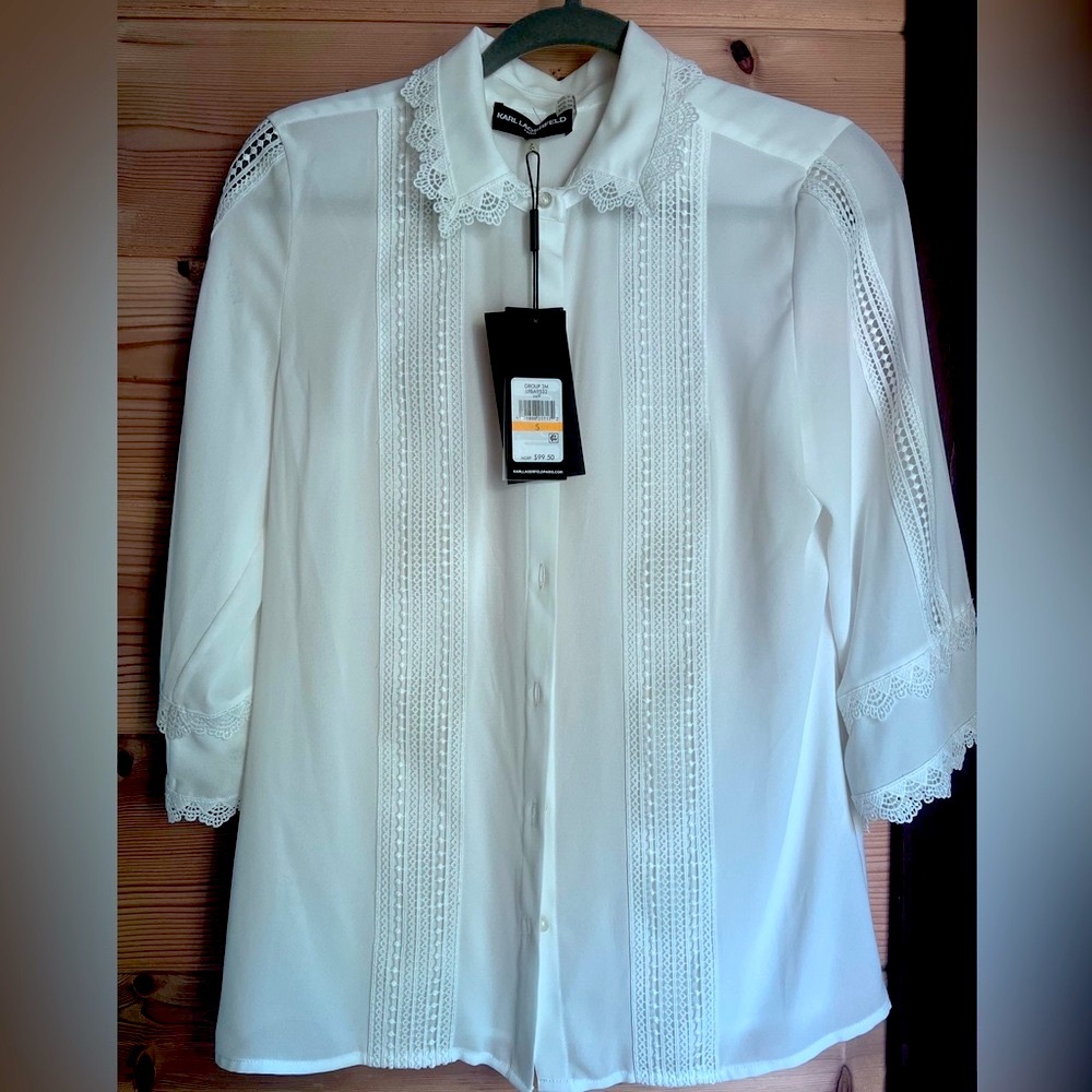 S white blouse Karl Lagerfeld Paris White Lace Long Sleeve Pleat Button